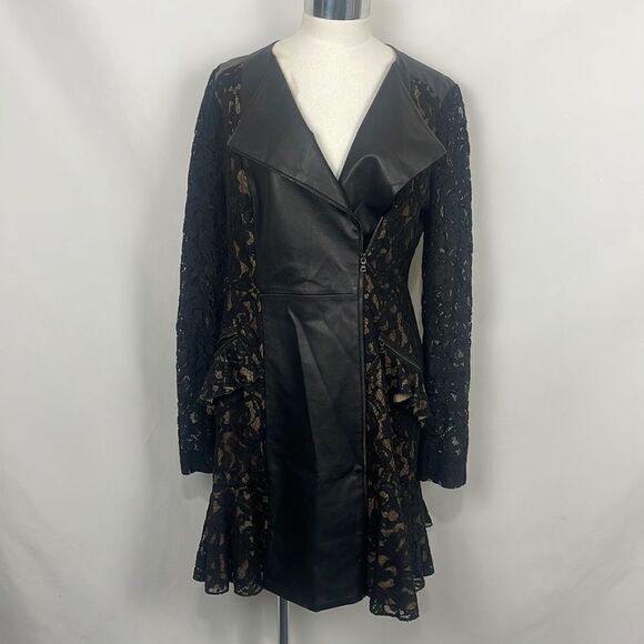 BCBG Black Lace And Faux Leather Long Zip Jacket